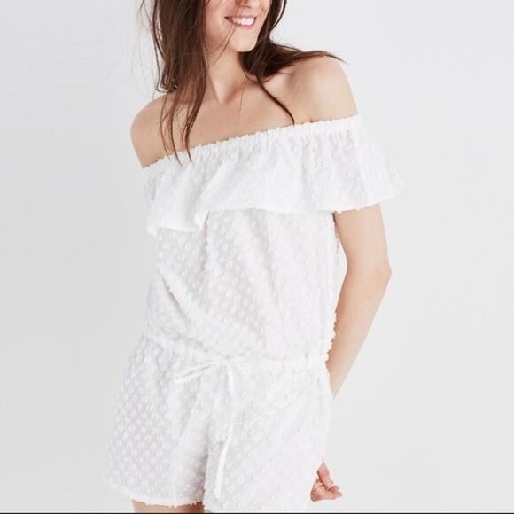 Madewell White Swiss Dot Off Shoulder Romper Shorts - Picture 1 of 6